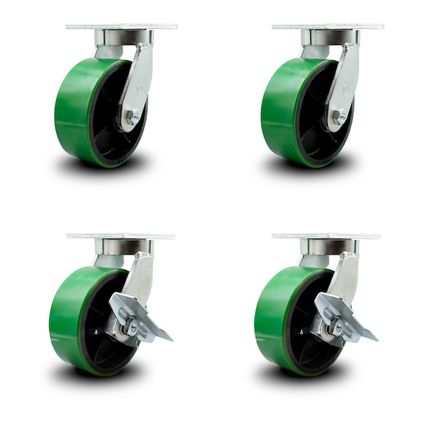 8 Inch Heavy Duty Green Poly on Cast Iron Wheel Swivel Caster Set with 2 Brakes